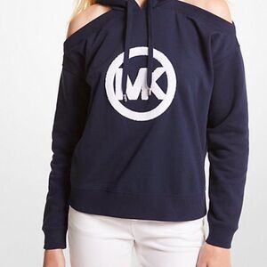 NWT Michael Kors Midnight Blue Logo Cotton Blend Cutout Hoodie Women's Size M
